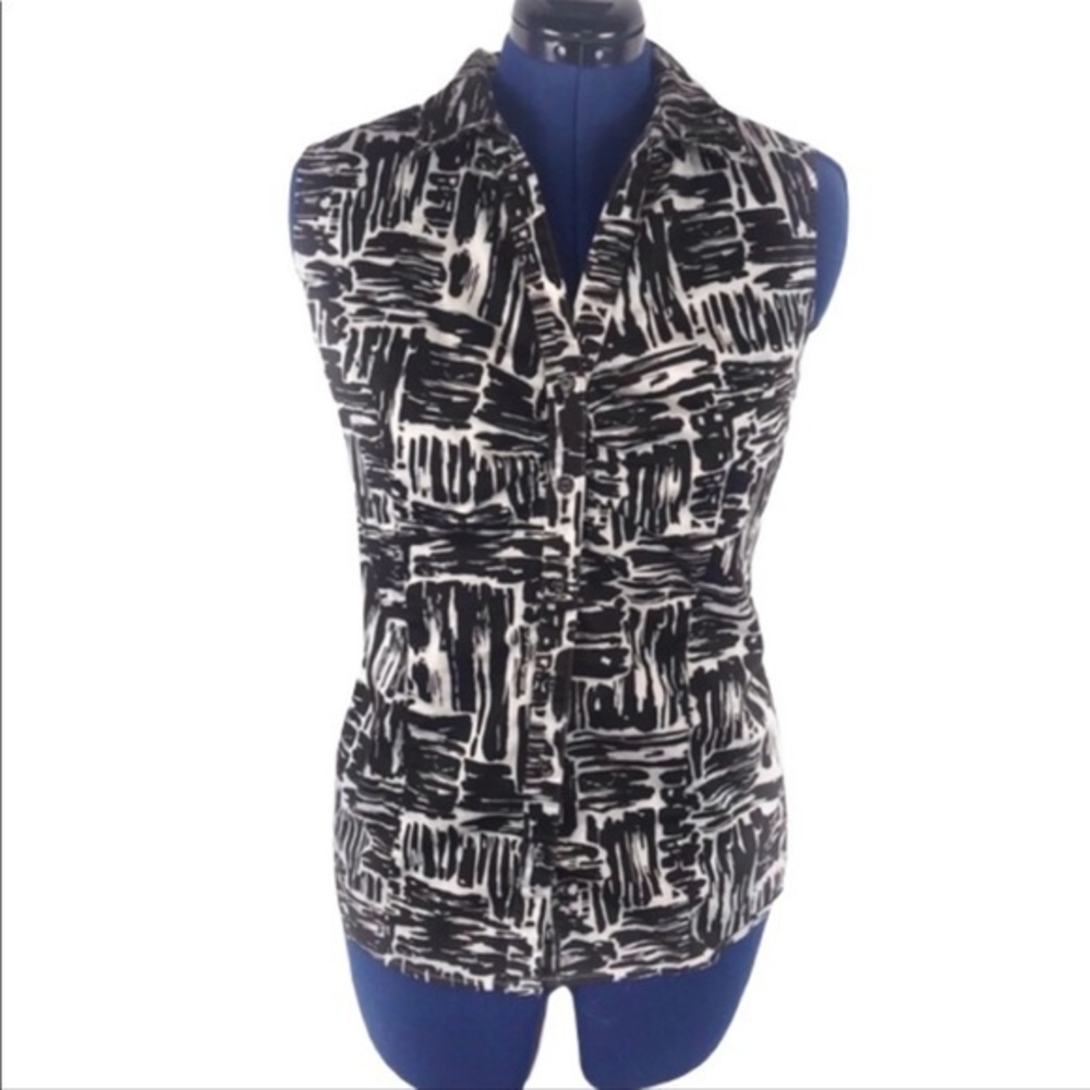 Apt 9 1X retro sleeveless brown/white scribble pattern button up v‎ neck shirt